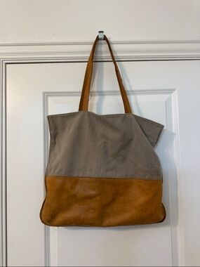 Hearth & Hand Two-Tone Canvas and Leather Tote in Taupe and Cognac
